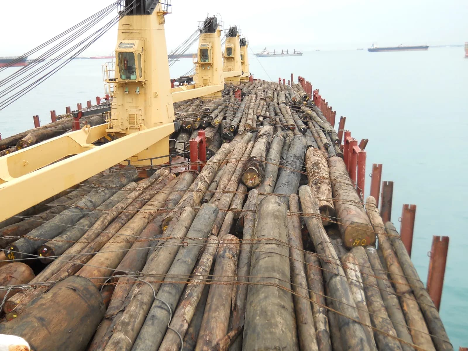 Deck cargo lashed inside stanchions, within the stability and visibility limits.